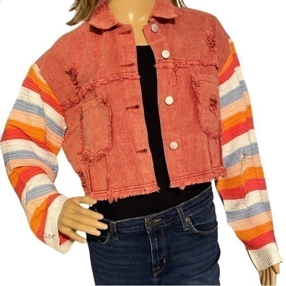 toni sinclair Jackets & Blazers - Toni Sinclaire Rainbow Knitted Sleeve Distressed Cropped Denim Jacket FALL🍁